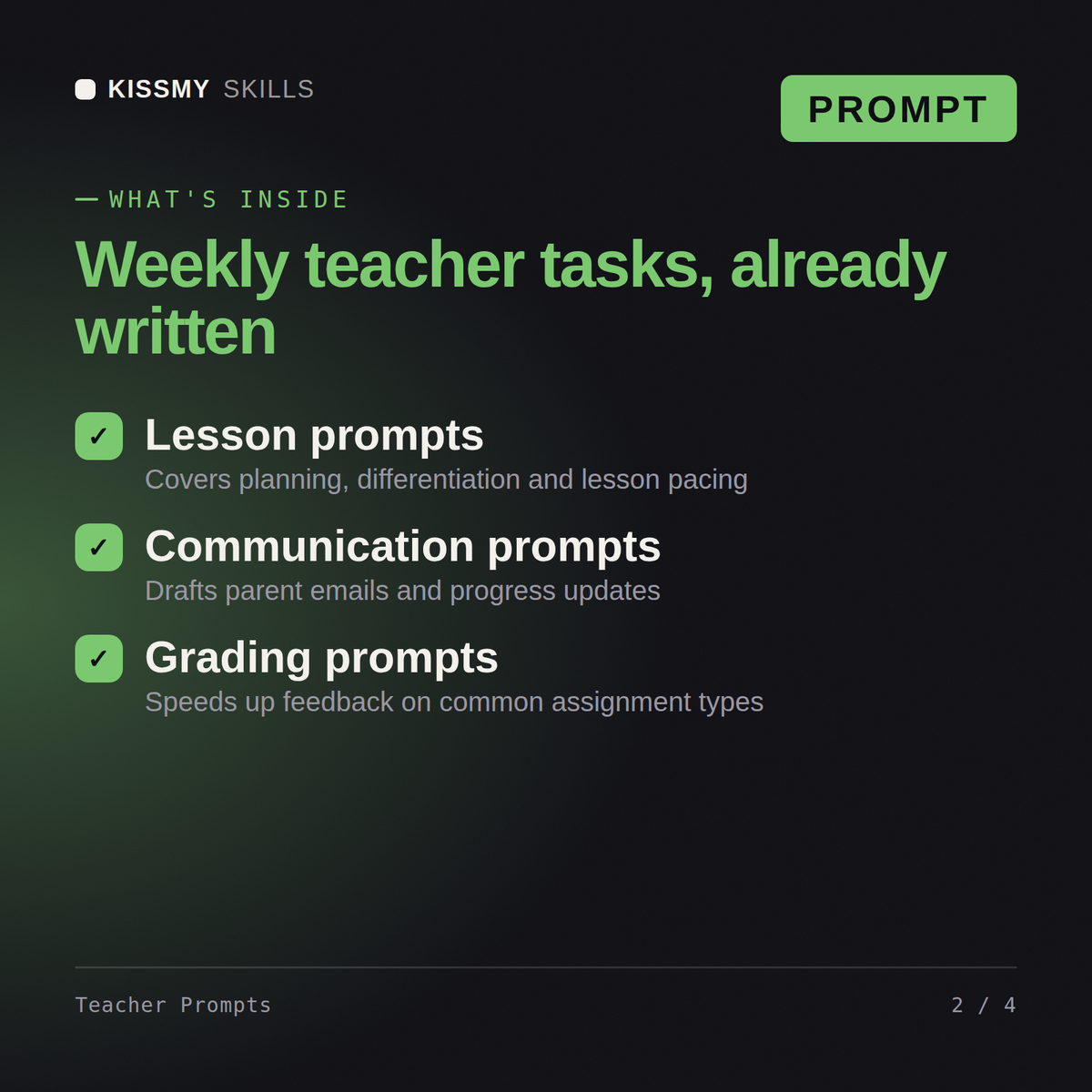 What's inside the Teacher Prompts AI prompt: Lesson prompts, Communication prompts, Grading prompts