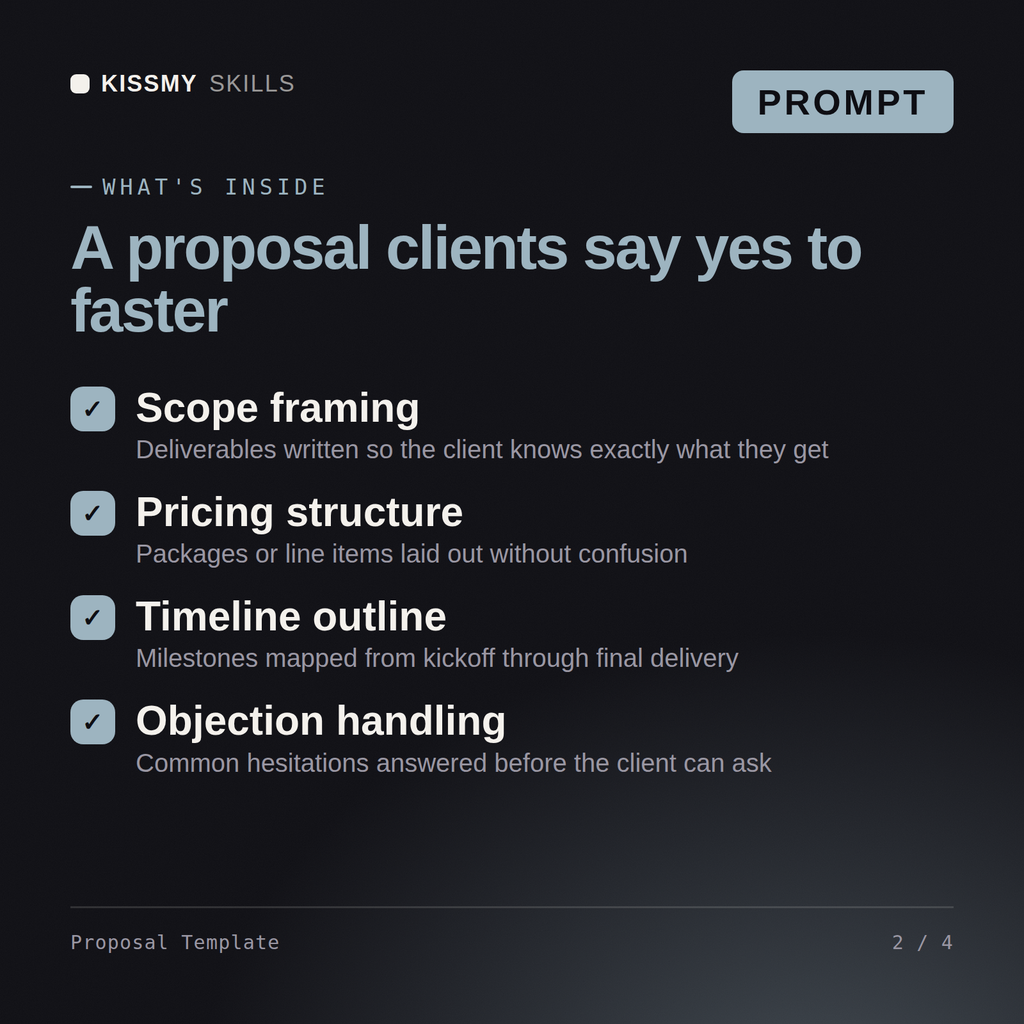What's inside the Proposal Template AI prompt: Scope framing, Pricing structure, Timeline outline, Objection handling