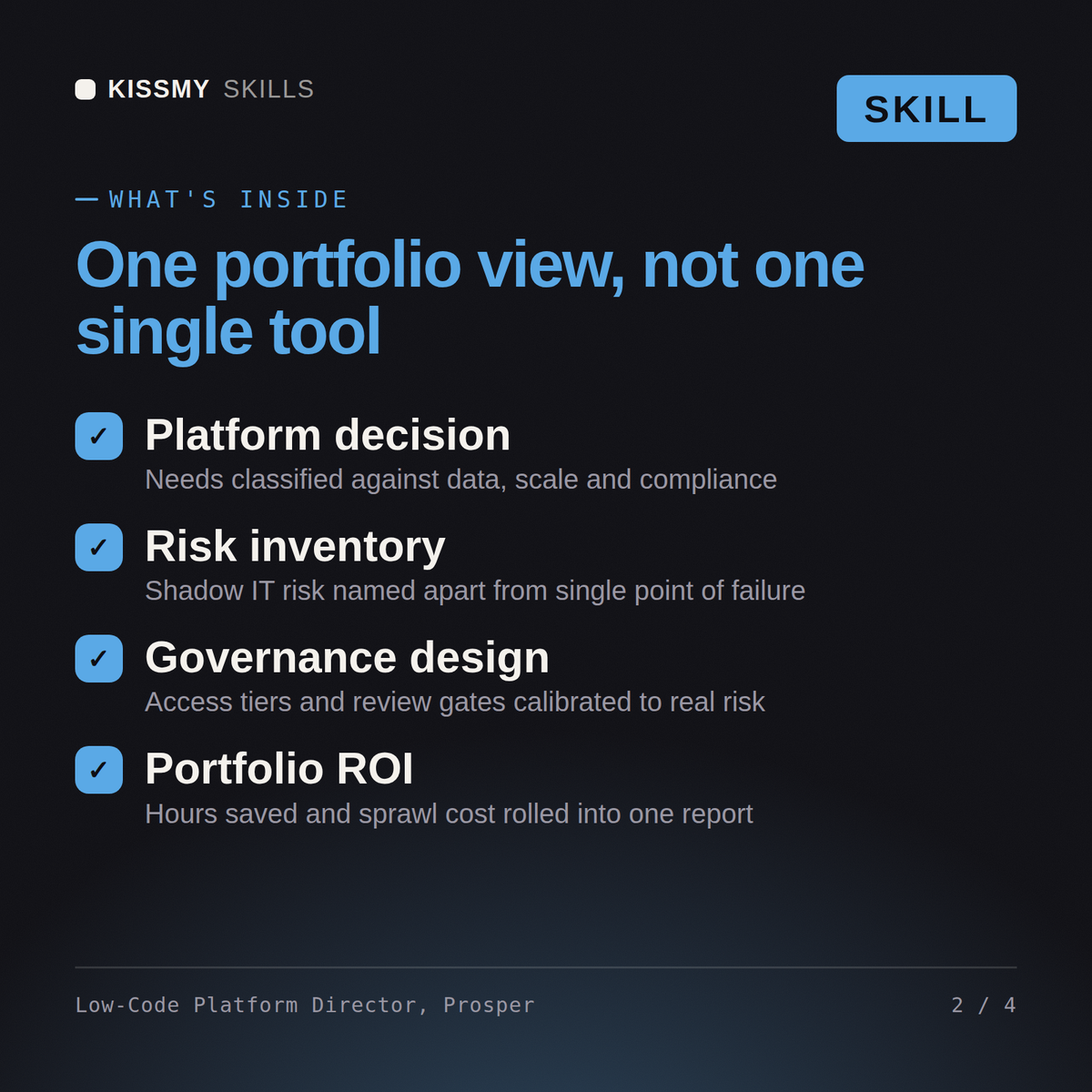 What's inside the Low-Code Platform Director, Prosper AI skill: Platform decision, Risk inventory, Governance design, Portfolio ROI