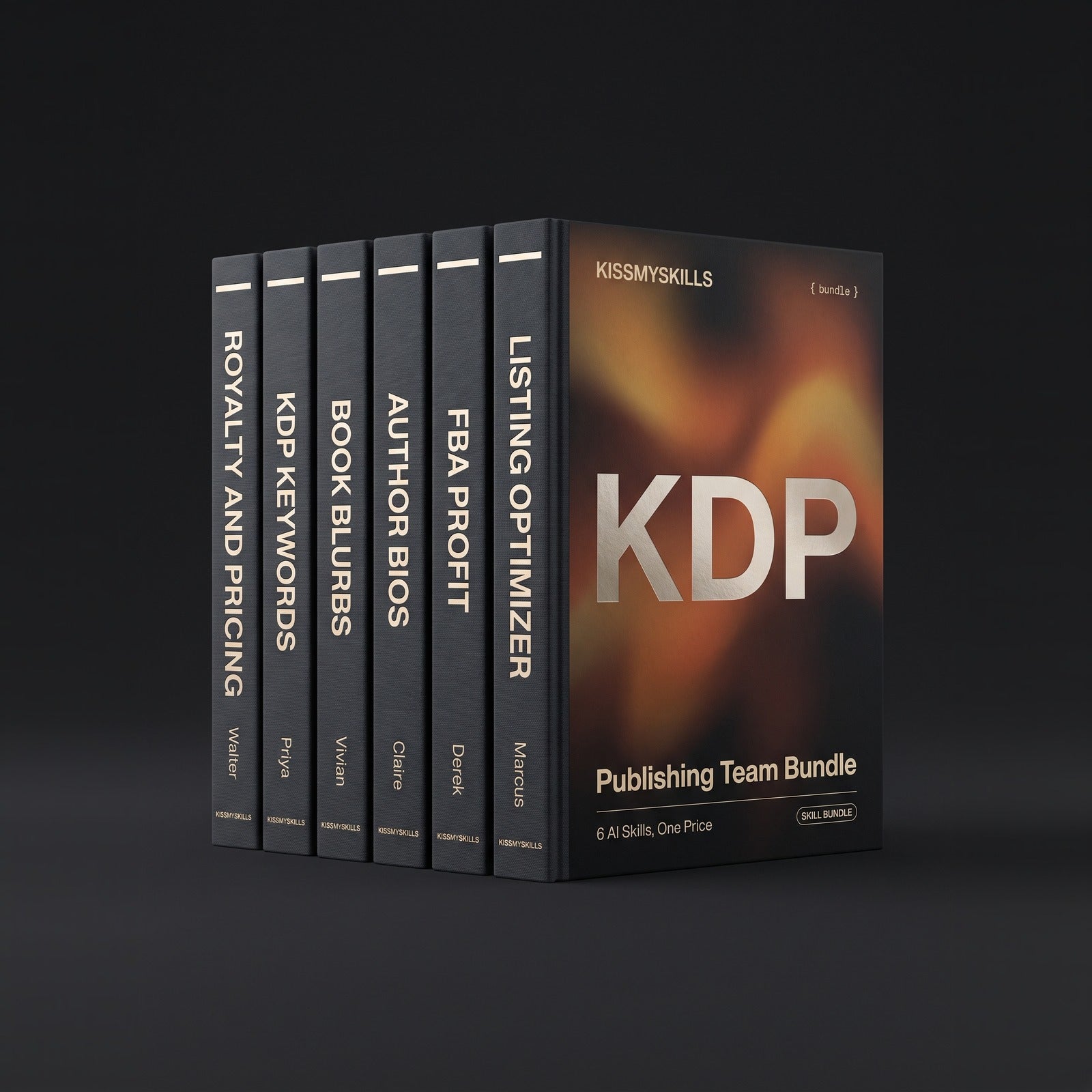 Publishing Team Bundle by KissMySkills, hardcover volumes titled Royalty and Pricing, KDP Keywords, Book Blurbs, Author Bios, FBA Profit and Listing Optimizer