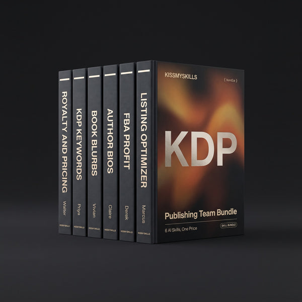 Publishing Team Bundle by KissMySkills, hardcover volumes titled Royalty and Pricing, KDP Keywords, Book Blurbs, Author Bios, FBA Profit and Listing Optimizer
