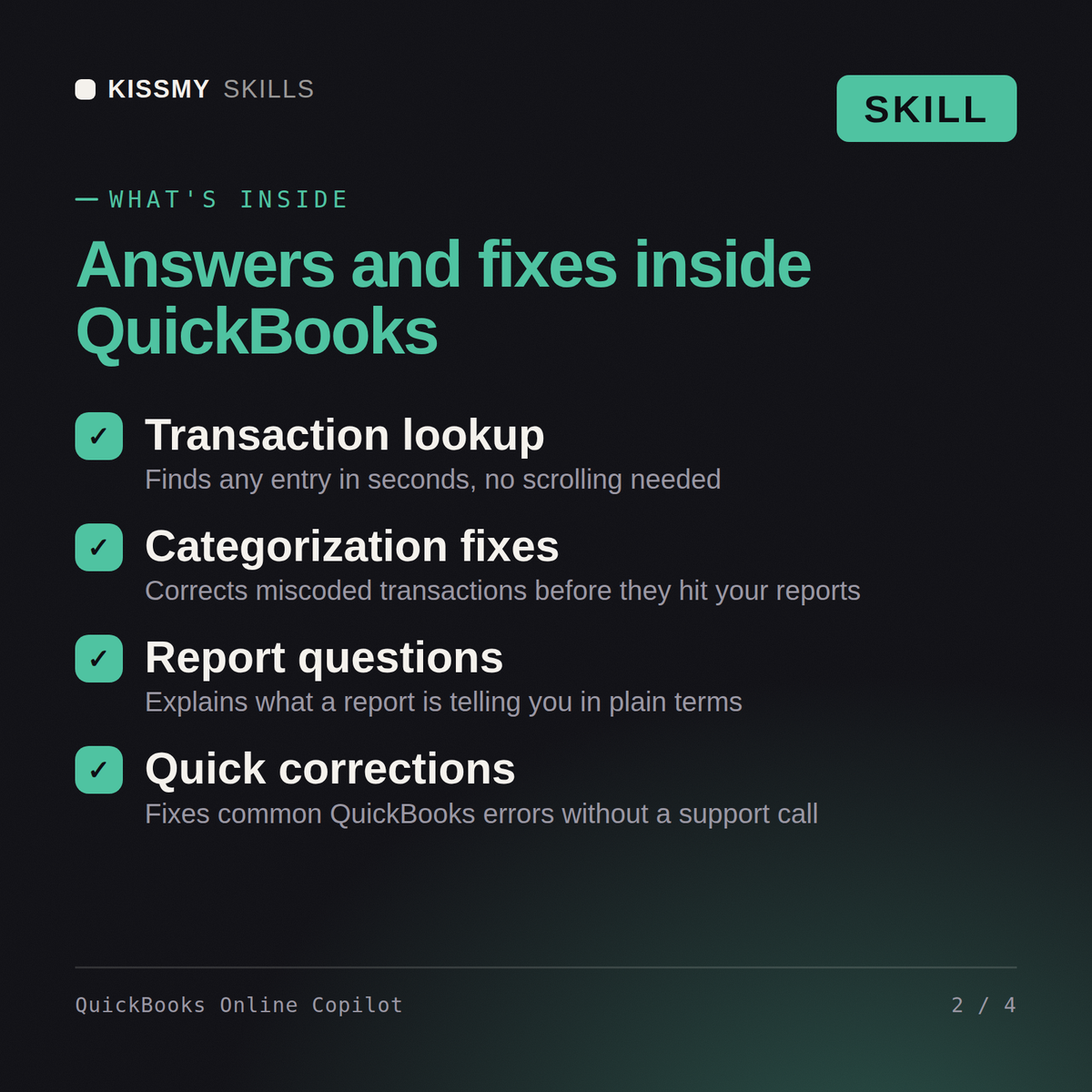 What's inside the QuickBooks Online Copilot AI skill: Transaction lookup, Categorization fixes, Report questions, Quick corrections