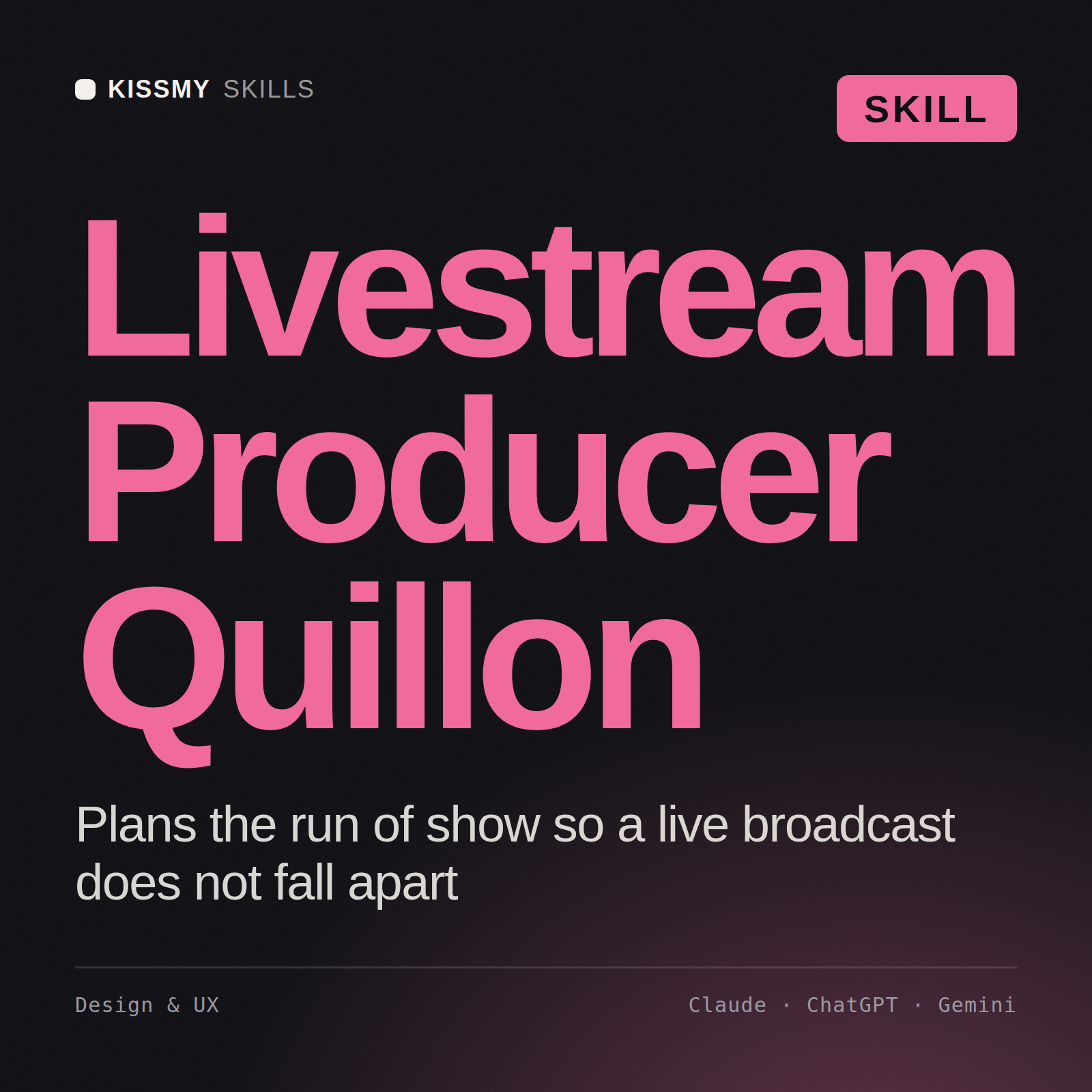 Livestream Producer, Quillon AI skill by KissMySkills, cover