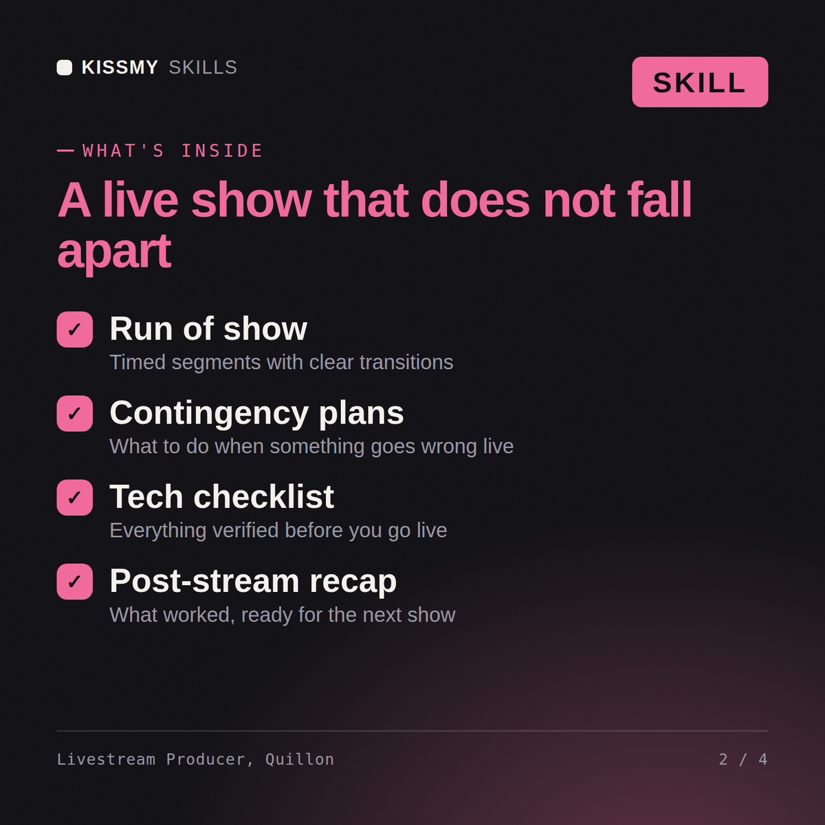 What's inside the Livestream Producer, Quillon AI skill: Run of show, Contingency plans, Tech checklist, Post-stream recap