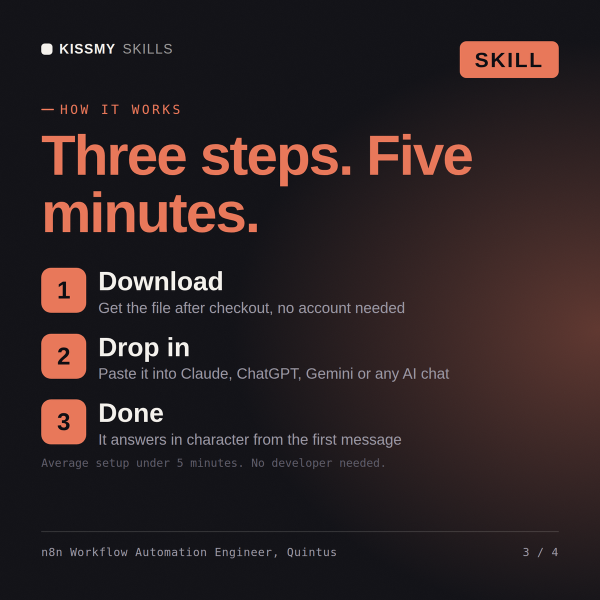 How the n8n Workflow Automation Engineer, Quintus AI skill works in three steps: download, drop it into your AI chat, done