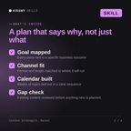 What's inside the Content Strategist, Rachel AI skill: Goal mapped, Channel fit, Calendar built, Gap check