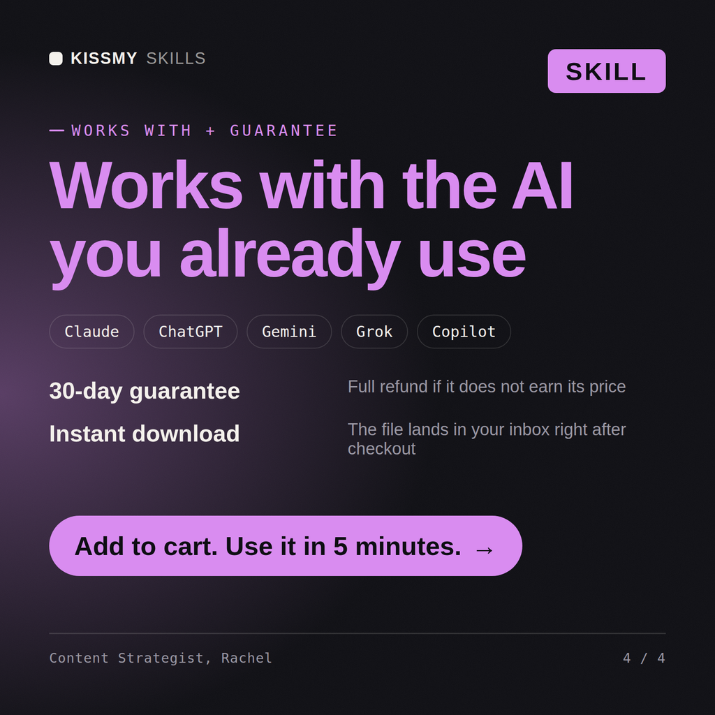 The Content Strategist, Rachel AI skill works with Claude, ChatGPT, Gemini and any AI chat, 30-day money-back guarantee