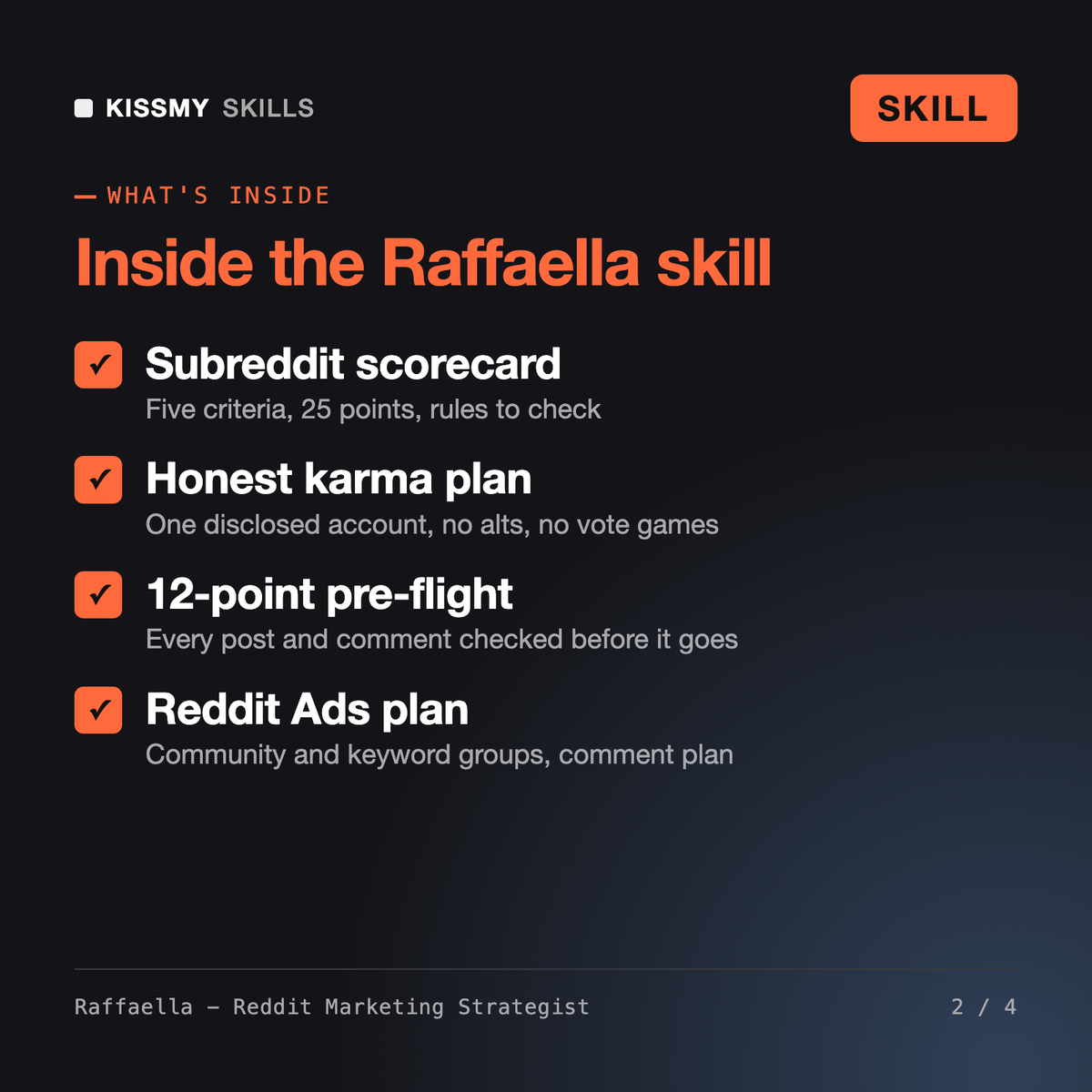 What's inside the Raffaella - Reddit Marketing Strategist AI skill: Subreddit scorecard, Honest karma plan, 12-point pre-flight, Reddit Ads plan