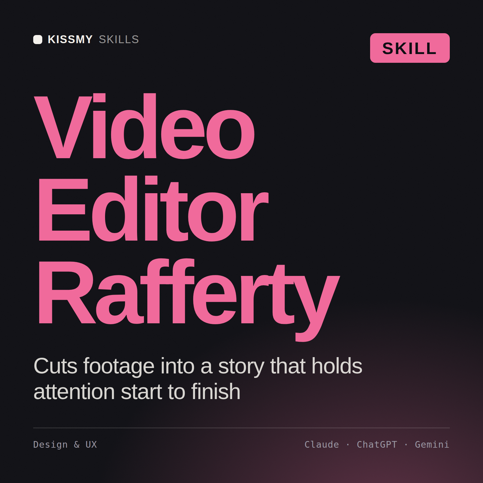 Video Editor, Rafferty AI skill by KissMySkills, cover