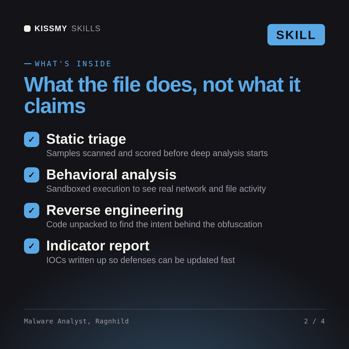 What's inside the Malware Analyst, Ragnhild AI skill: Static triage, Behavioral analysis, Reverse engineering, Indicator report