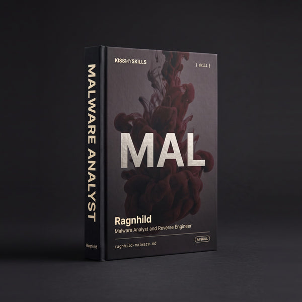Malware Analyst & Reverse Engineer Claude skill by KissMySkills, hardcover volume cover
