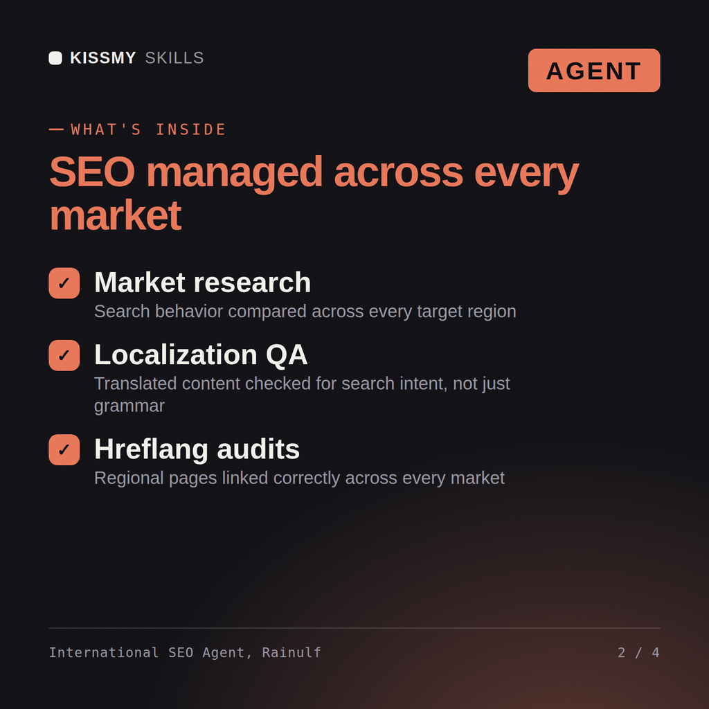 What's inside the International SEO Agent, Rainulf AI agent: Market research, Localization QA, Hreflang audits
