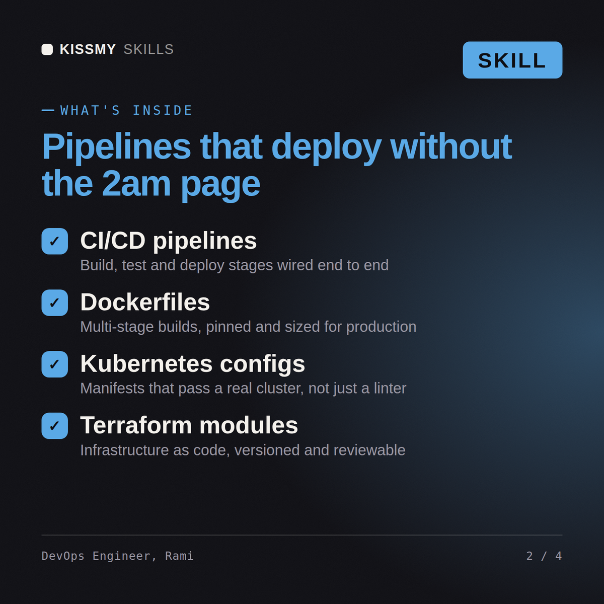 What's inside the DevOps Engineer, Rami AI skill: CI/CD pipelines, Dockerfiles, Kubernetes configs, Terraform modules
