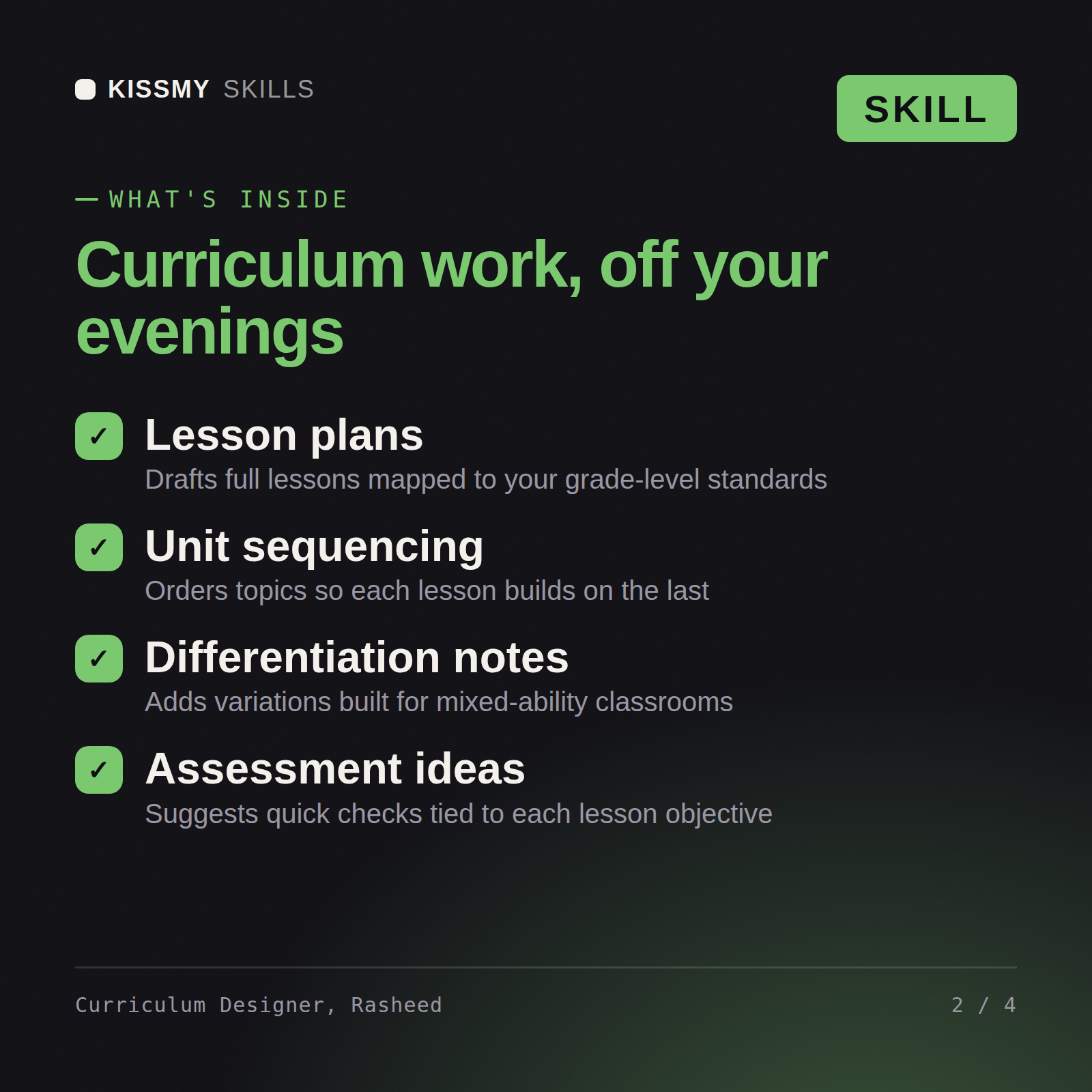 What's inside the Curriculum Designer, Rasheed AI skill: Lesson plans, Unit sequencing, Differentiation notes, Assessment ideas