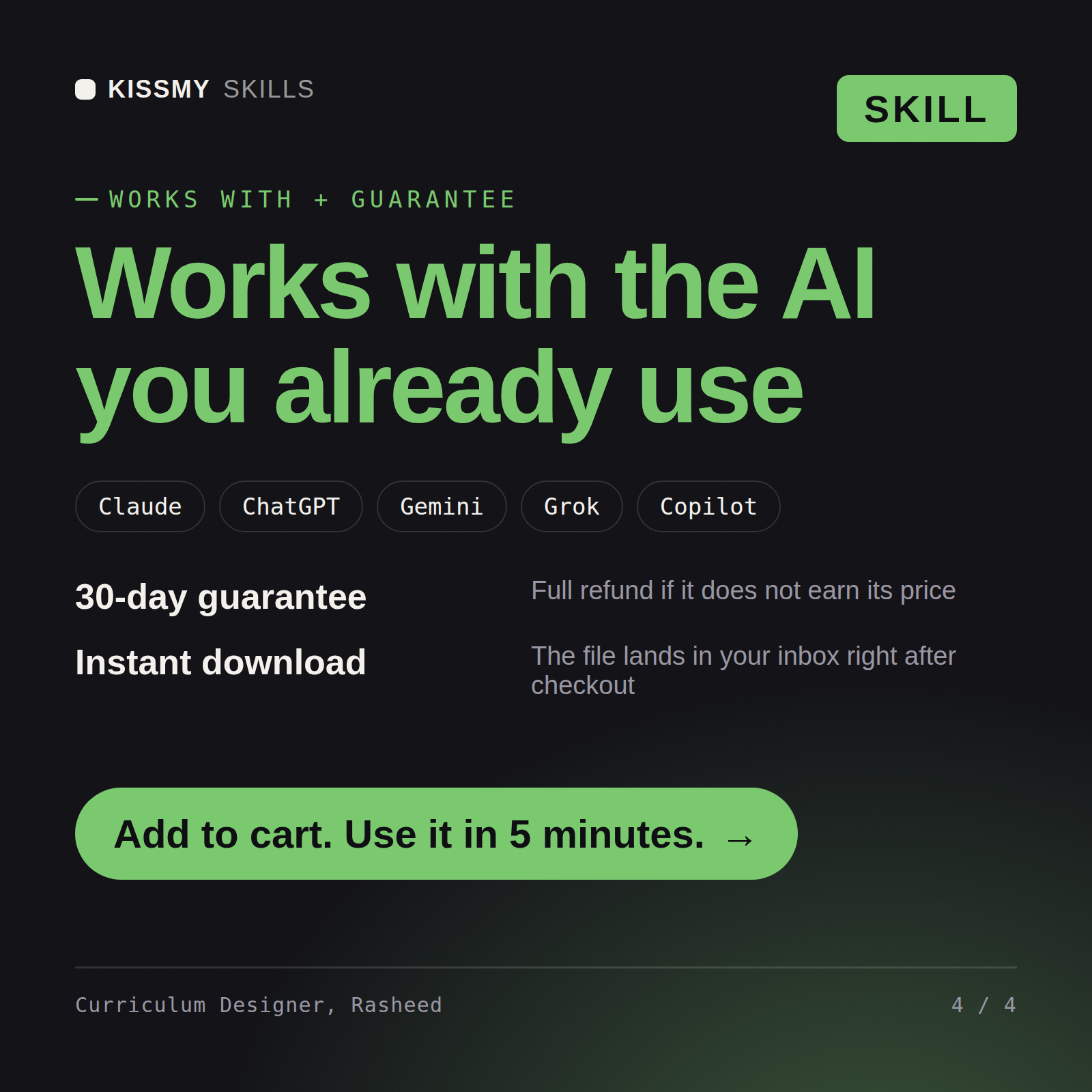 The Curriculum Designer, Rasheed AI skill works with Claude, ChatGPT, Gemini and any AI chat, 30-day money-back guarantee