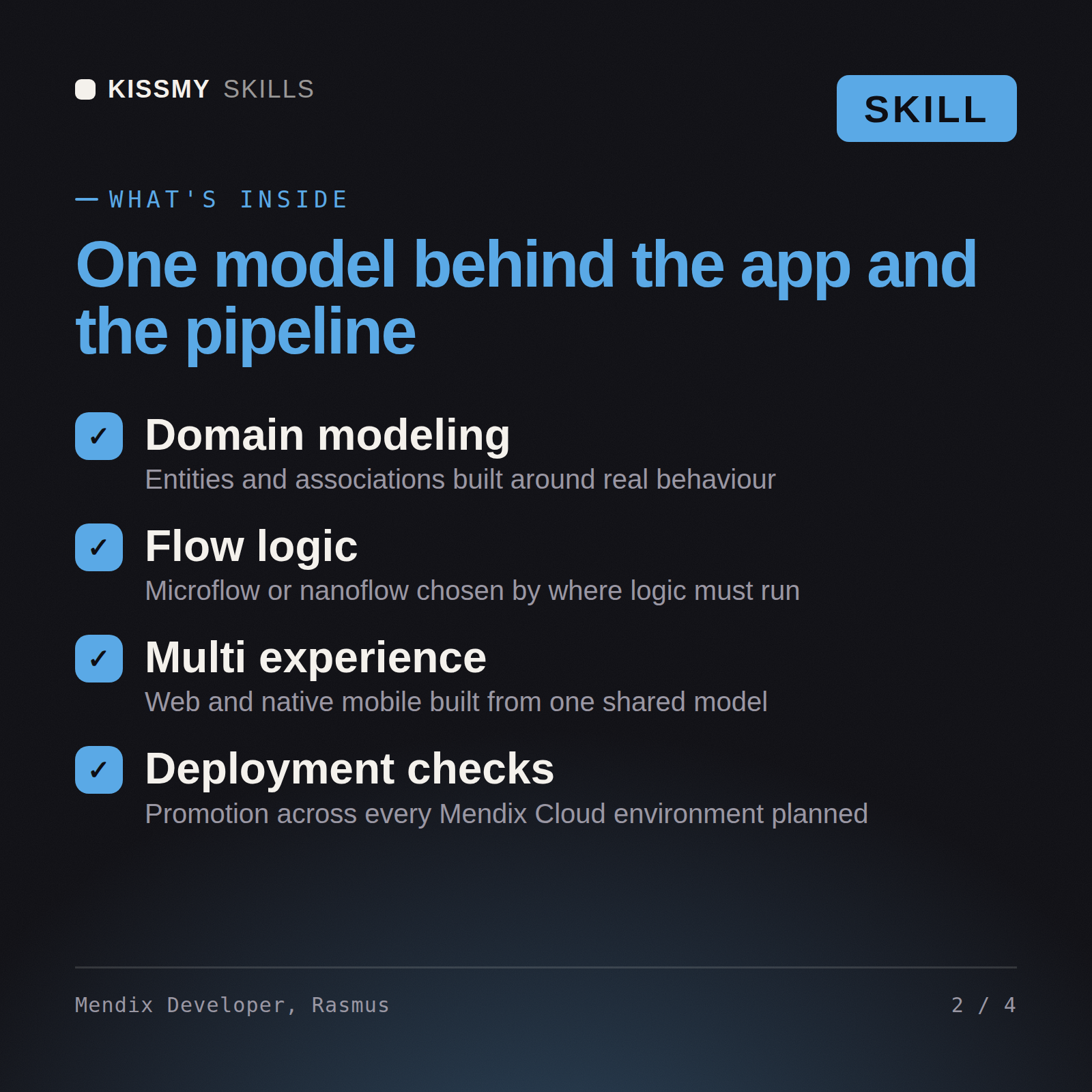What's inside the Mendix Developer, Rasmus AI skill: Domain modeling, Flow logic, Multi experience, Deployment checks