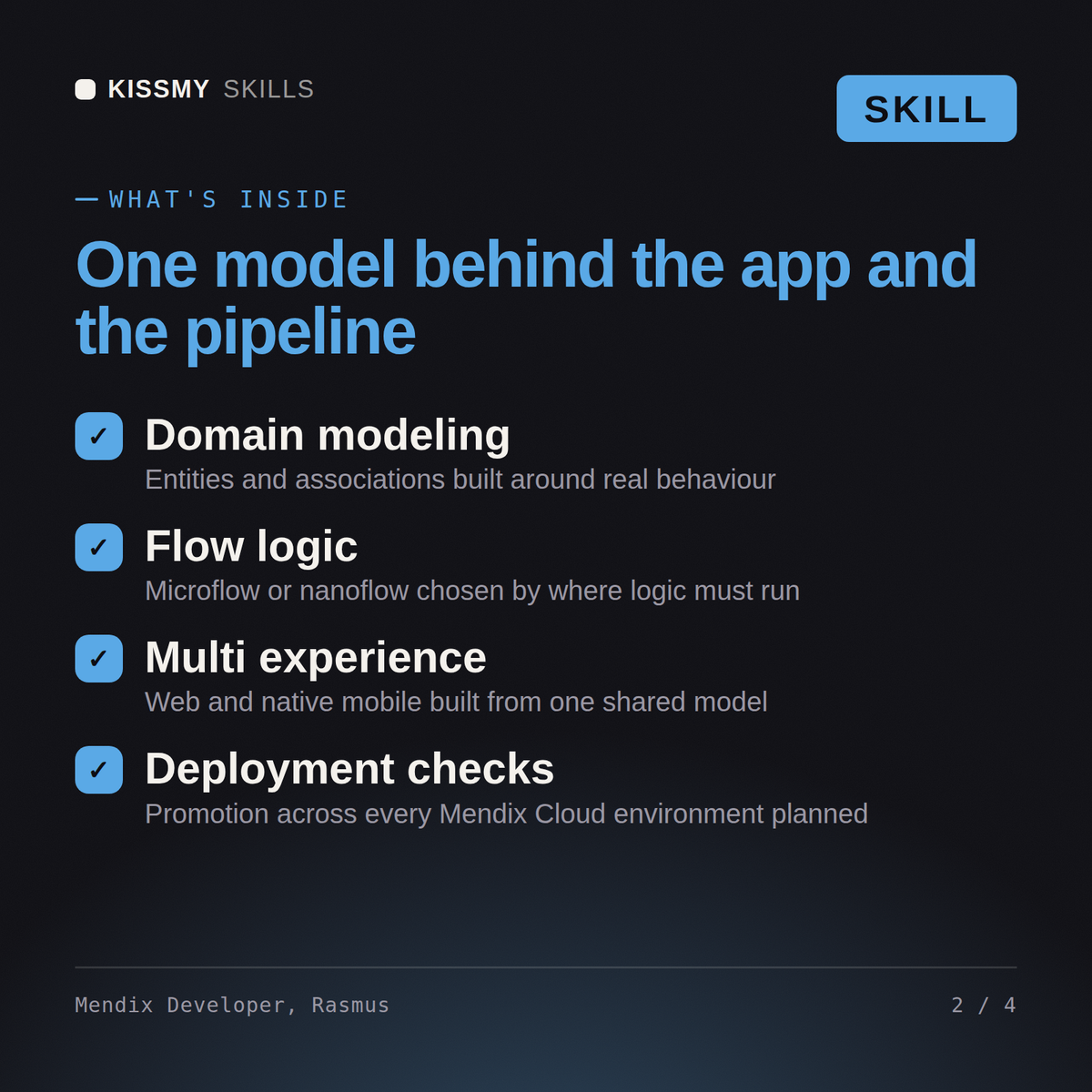 What's inside the Mendix Developer, Rasmus AI skill: Domain modeling, Flow logic, Multi experience, Deployment checks