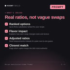 What's inside the Recipe Substitution Finder Prompt AI prompt: Ranked options, Flavor impact, Adjusted ratios, Closest match