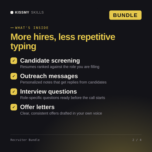 What's inside the Recruiter Bundle AI bundle: Candidate screening, Outreach messages, Interview questions, Offer letters