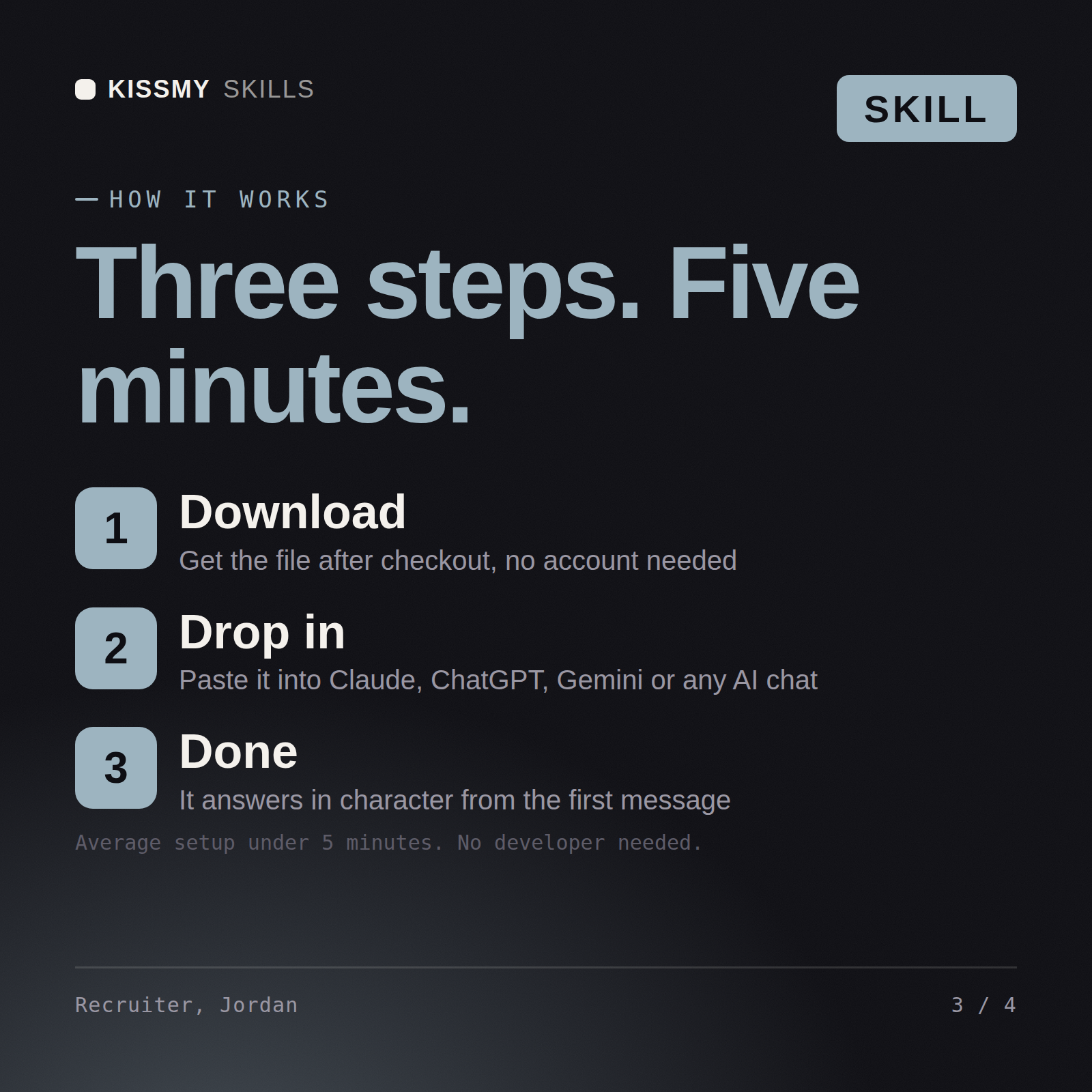 How the Recruiter, Jordan AI skill works in three steps: download, drop it into your AI chat, done