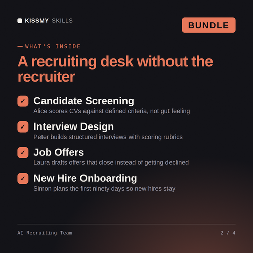 What's inside the AI Recruiting Team AI bundle: Candidate Screening, Interview Design, Job Offers, New Hire Onboarding