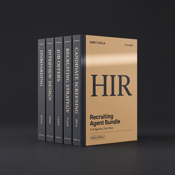 Recruiting Agent Bundle by KissMySkills, hardcover volumes titled Onboarding, Interview Design, Job Offers, Recruiting Strategy and Candidate Screening