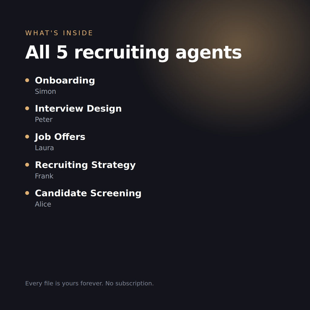 What is inside the Recruiting Agent Bundle: Onboarding, Interview Design, Job Offers, Recruiting Strategy and Candidate Screening
