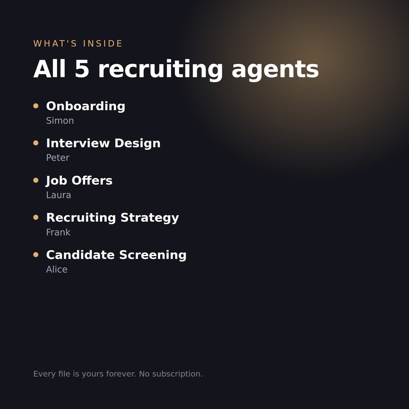 What is inside the Recruiting Agent Bundle: Onboarding, Interview Design, Job Offers, Recruiting Strategy and Candidate Screening