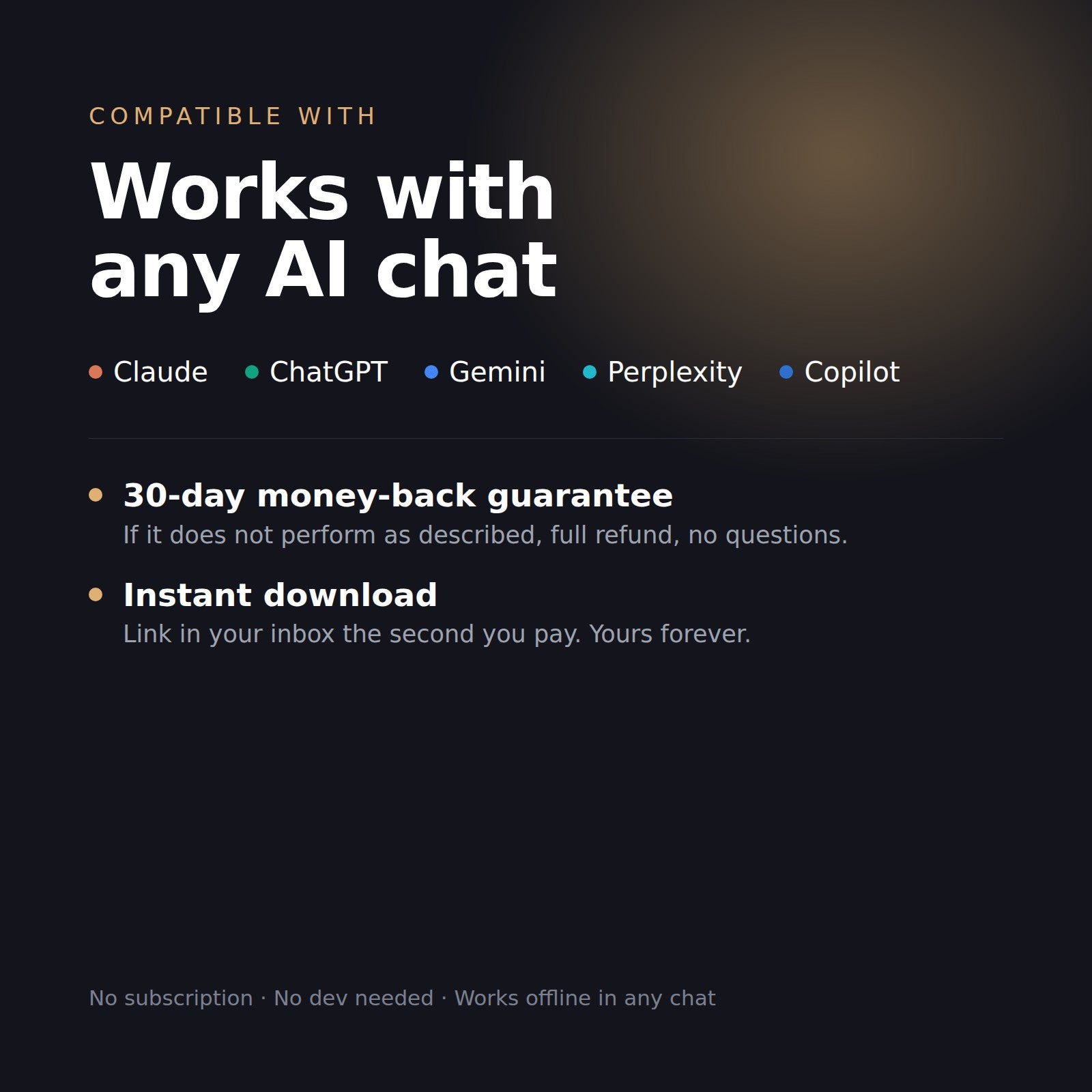 Works with any AI chat, 30-day money-back guarantee, instant download