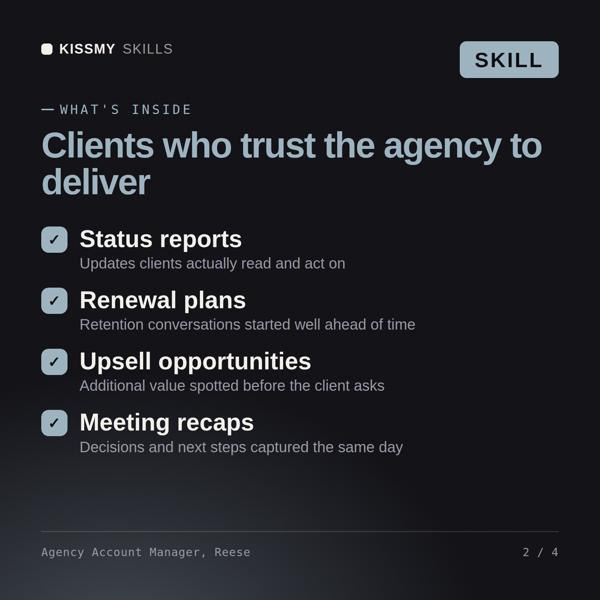What's inside the Agency Account Manager, Reese AI skill: Status reports, Renewal plans, Upsell opportunities, Meeting recaps