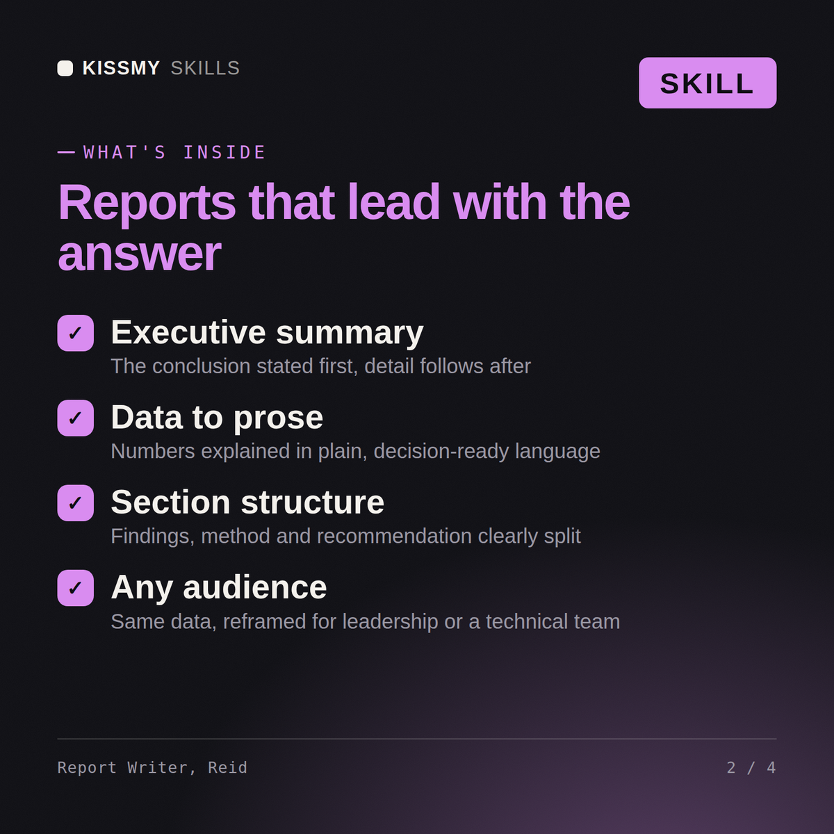 What's inside the Report Writer, Reid AI skill: Executive summary, Data to prose, Section structure, Any audience