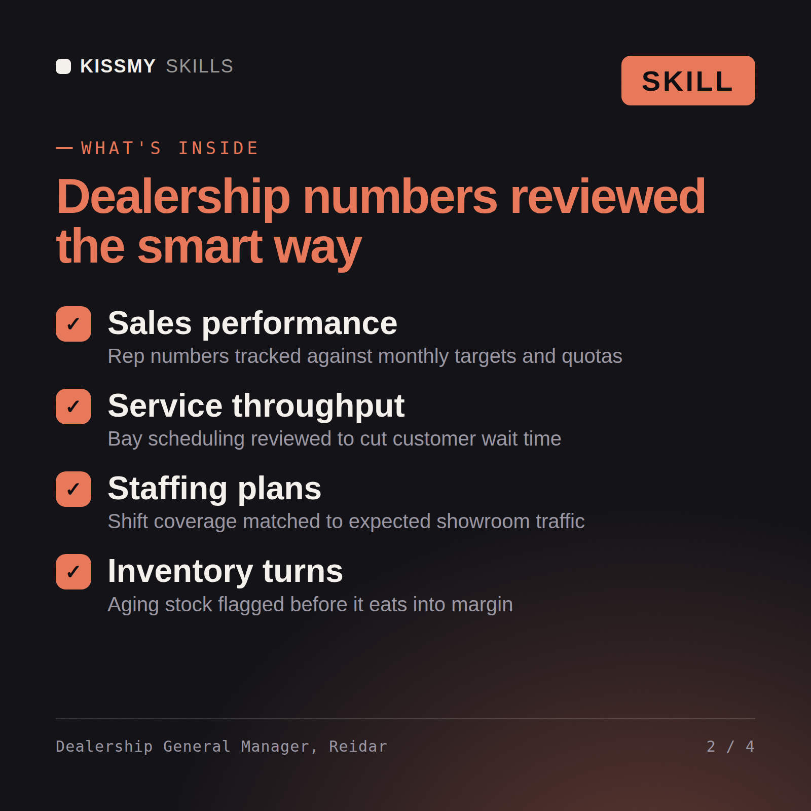 What's inside the Dealership General Manager, Reidar AI skill: Sales performance, Service throughput, Staffing plans, Inventory turns
