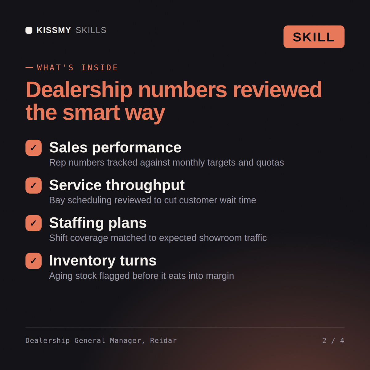 What's inside the Dealership General Manager, Reidar AI skill: Sales performance, Service throughput, Staffing plans, Inventory turns