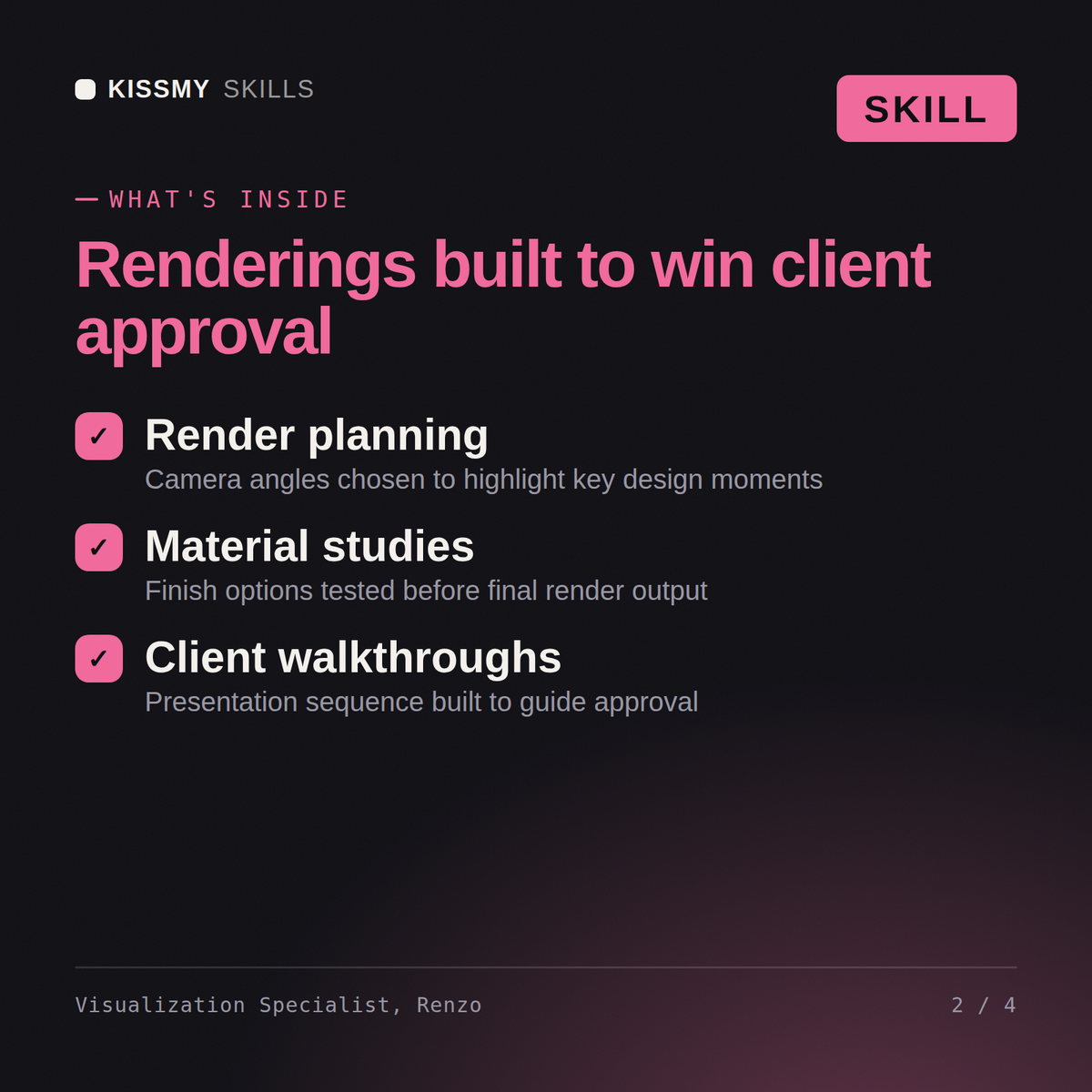 What's inside the Visualization Specialist, Renzo AI skill: Render planning, Material studies, Client walkthroughs