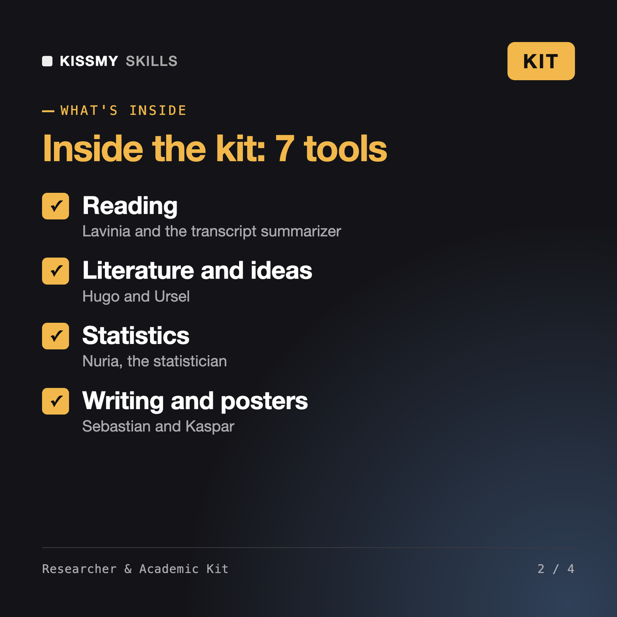 What's inside the Researcher & Academic Kit: Reading, Literature and ideas, Statistics, Writing and posters