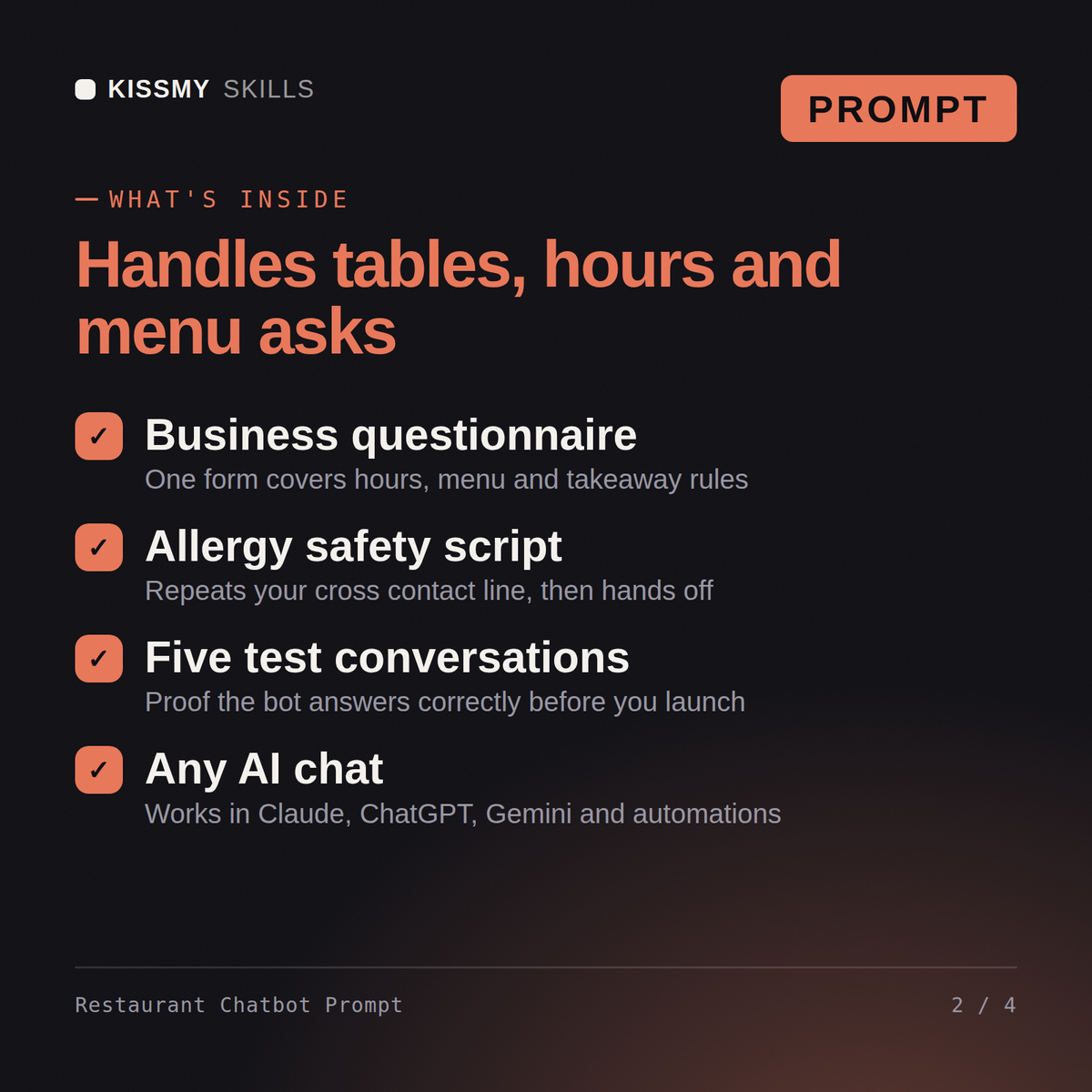 What's inside the Restaurant Chatbot Prompt AI prompt: Business questionnaire, Allergy safety script, Five test conversations, Any AI chat