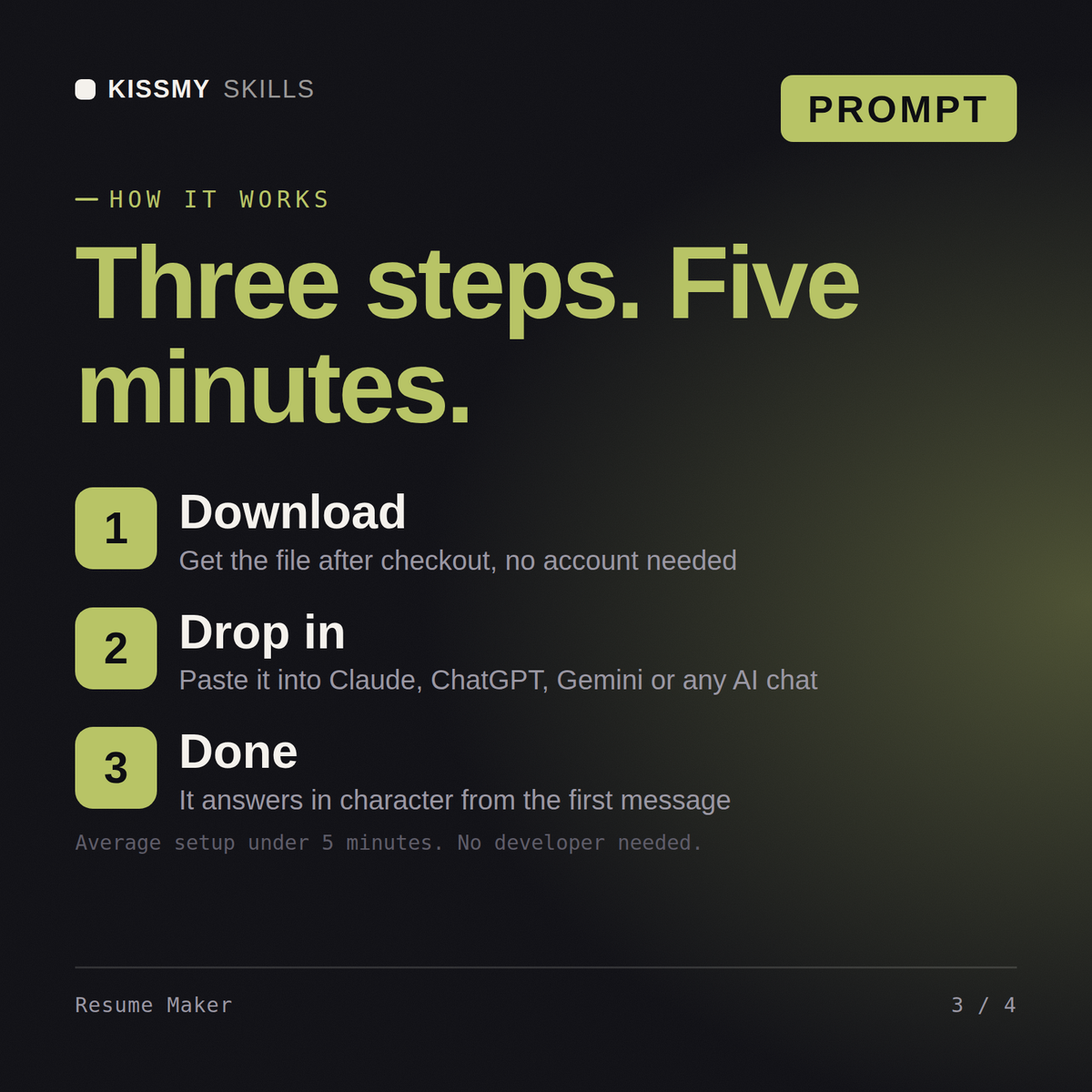 How the Resume Maker AI prompt works in three steps: download, drop it into your AI chat, done