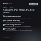 What's inside the Resume Template AI prompt: Achievement bullets, Keyword matching, Formatting cleanup, Summary line