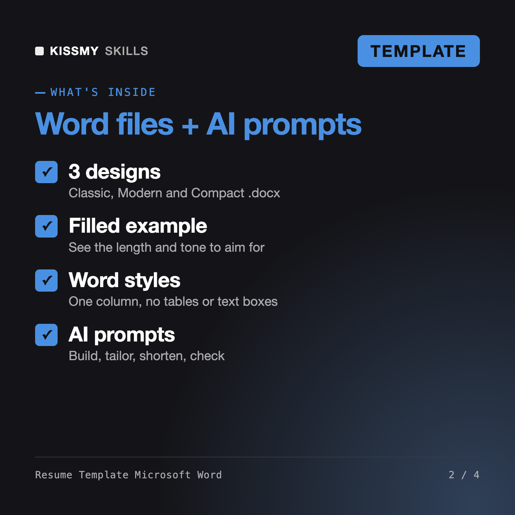 What's inside the Resume Template Microsoft Word - 3 ATS-Friendly Word Resume Designs: 3 designs, Filled example, Word styles, AI prompts