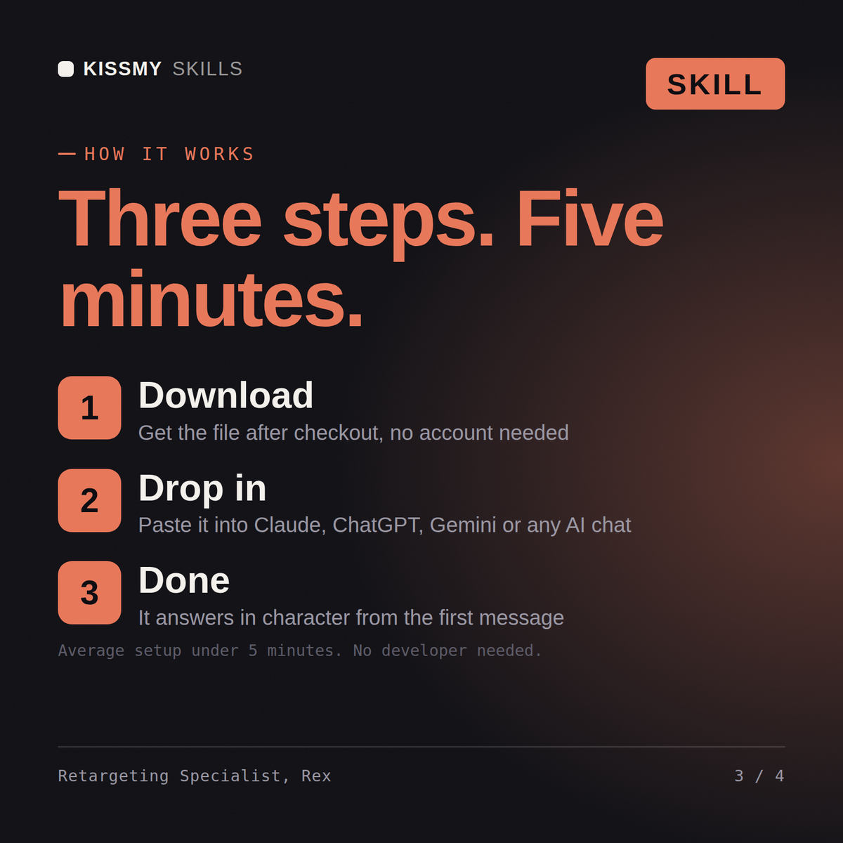 How the Retargeting Specialist, Rex AI skill works in three steps: download, drop it into your AI chat, done