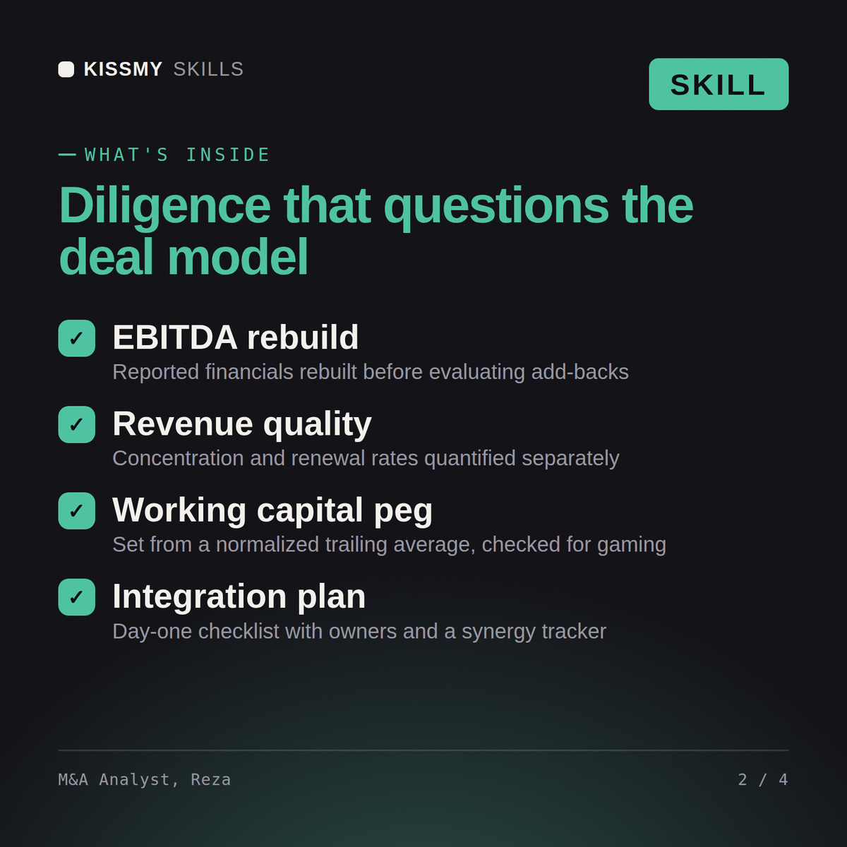 What's inside the M&A Analyst, Reza AI skill: EBITDA rebuild, Revenue quality, Working capital peg, Integration plan