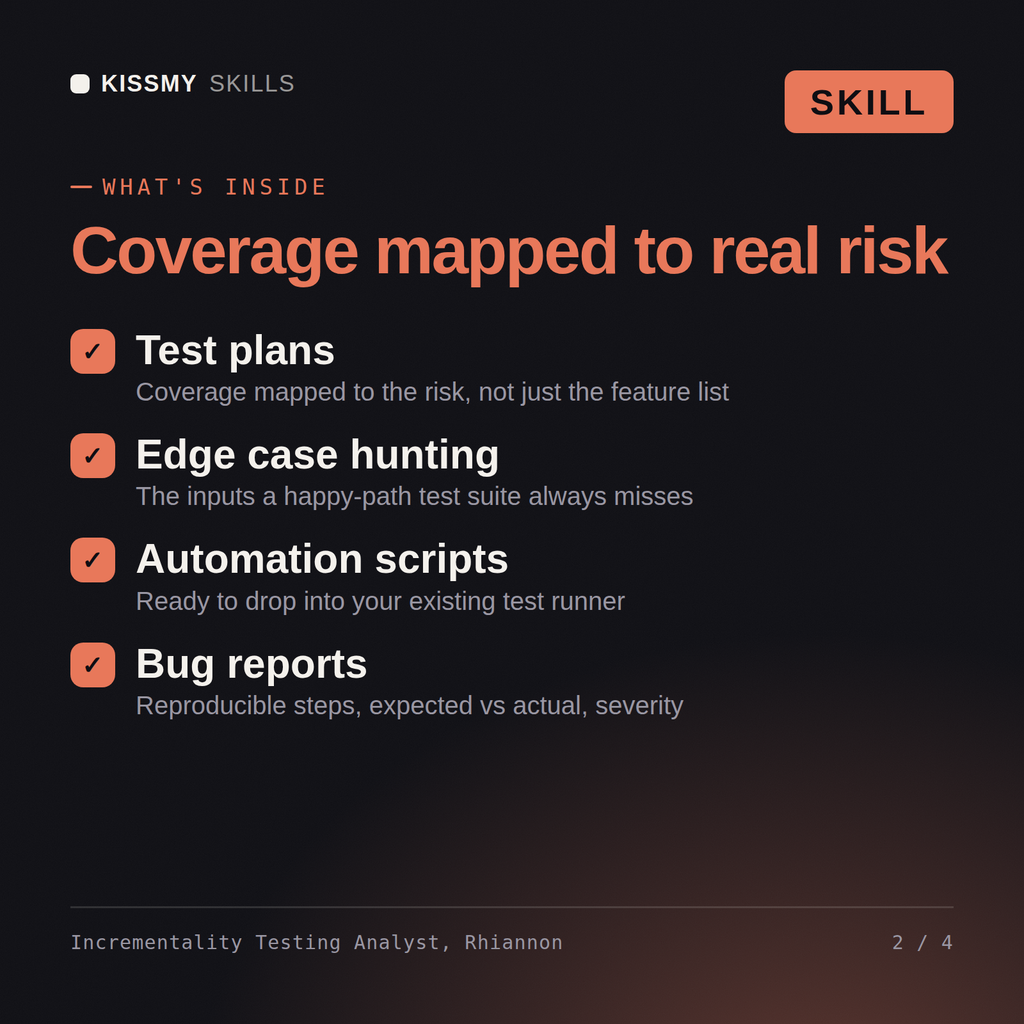 What's inside the Incrementality Testing Analyst, Rhiannon AI skill: Test plans, Edge case hunting, Automation scripts, Bug reports