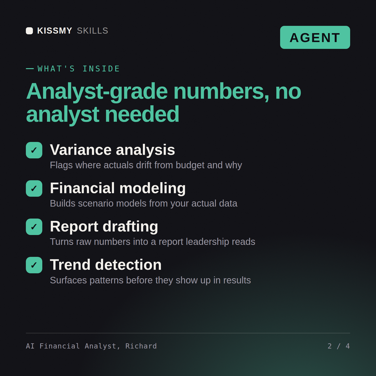 What's inside the AI Financial Analyst, Richard AI agent: Variance analysis, Financial modeling, Report drafting, Trend detection