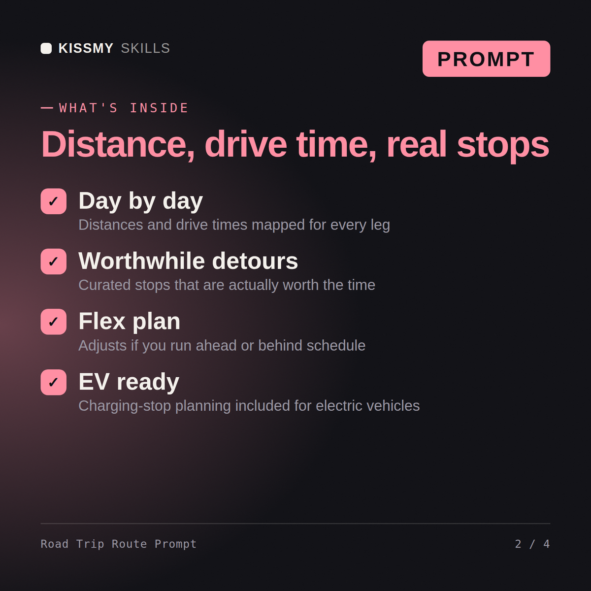 What's inside the Road Trip Route Prompt AI prompt: Day by day, Worthwhile detours, Flex plan, EV ready