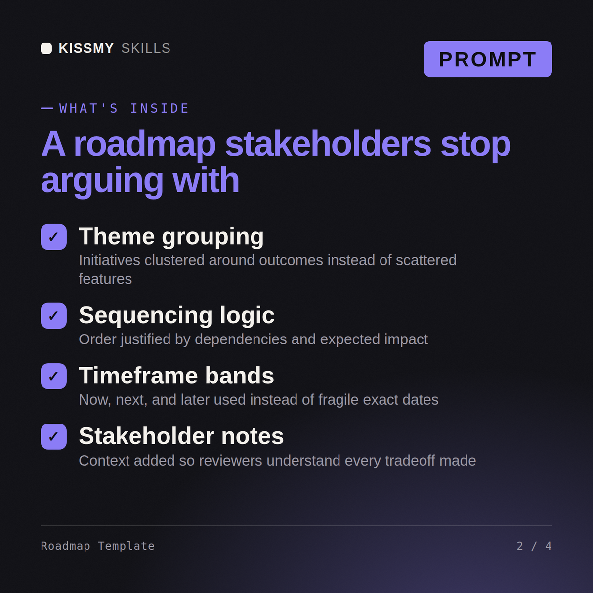 What's inside the Roadmap Template AI prompt: Theme grouping, Sequencing logic, Timeframe bands, Stakeholder notes