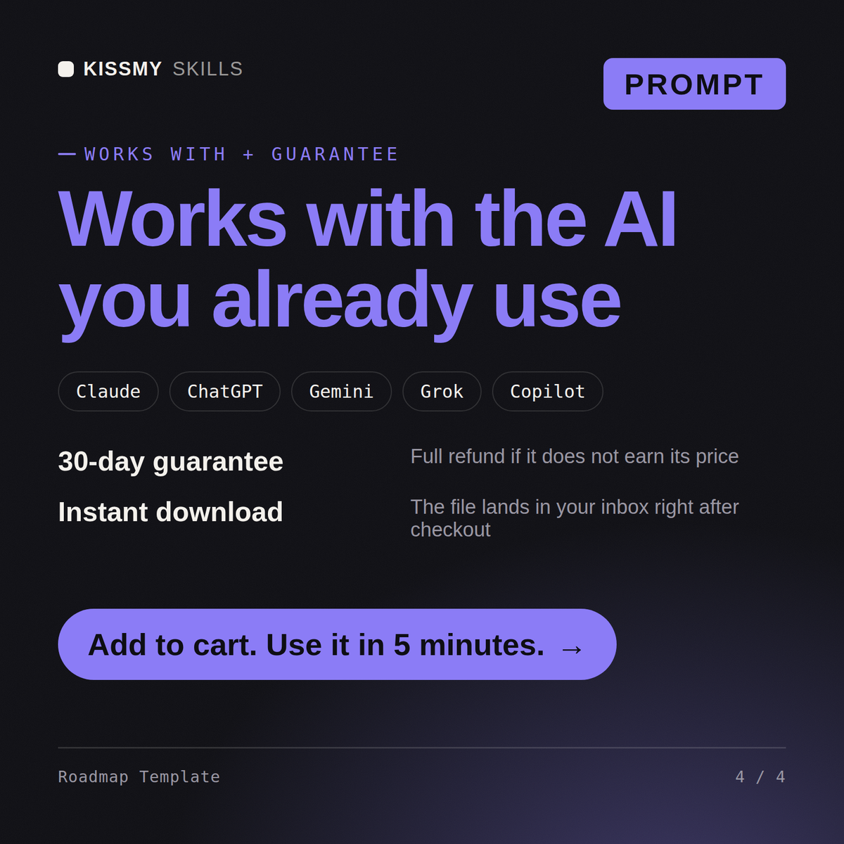 The Roadmap Template AI prompt works with Claude, ChatGPT, Gemini and any AI chat, 30-day money-back guarantee