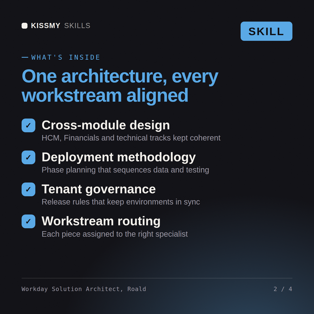 What's inside the Workday Solution Architect, Roald AI skill: Cross-module design, Deployment methodology, Tenant governance, Workstream routing