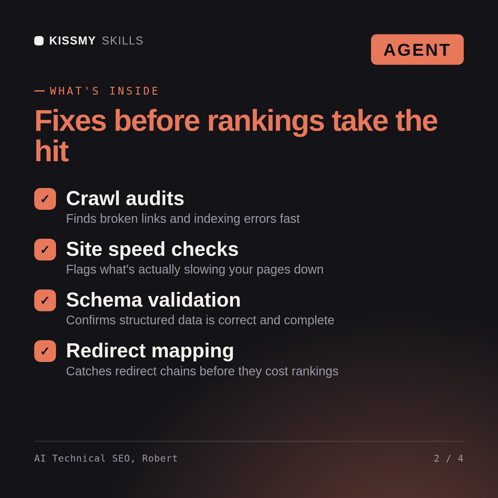 What's inside the AI Technical SEO, Robert AI agent: Crawl audits, Site speed checks, Schema validation, Redirect mapping