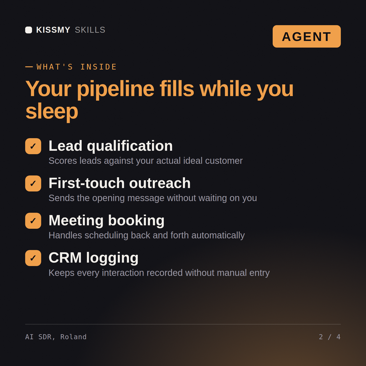 What's inside the AI SDR, Roland AI agent: Lead qualification, First-touch outreach, Meeting booking, CRM logging