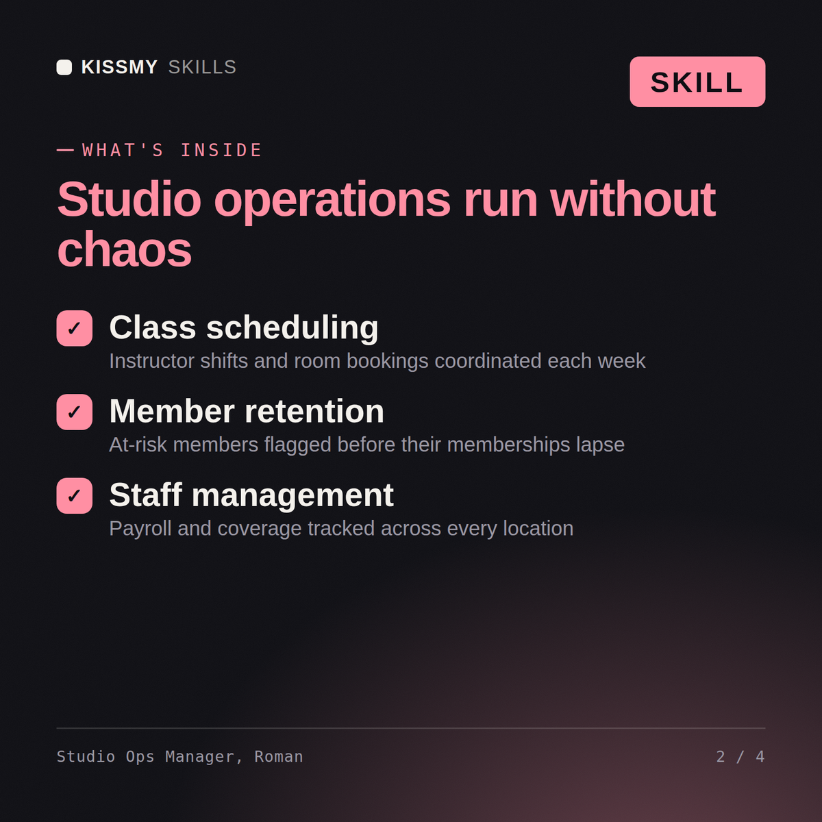 What's inside the Studio Ops Manager, Roman AI skill: Class scheduling, Member retention, Staff management